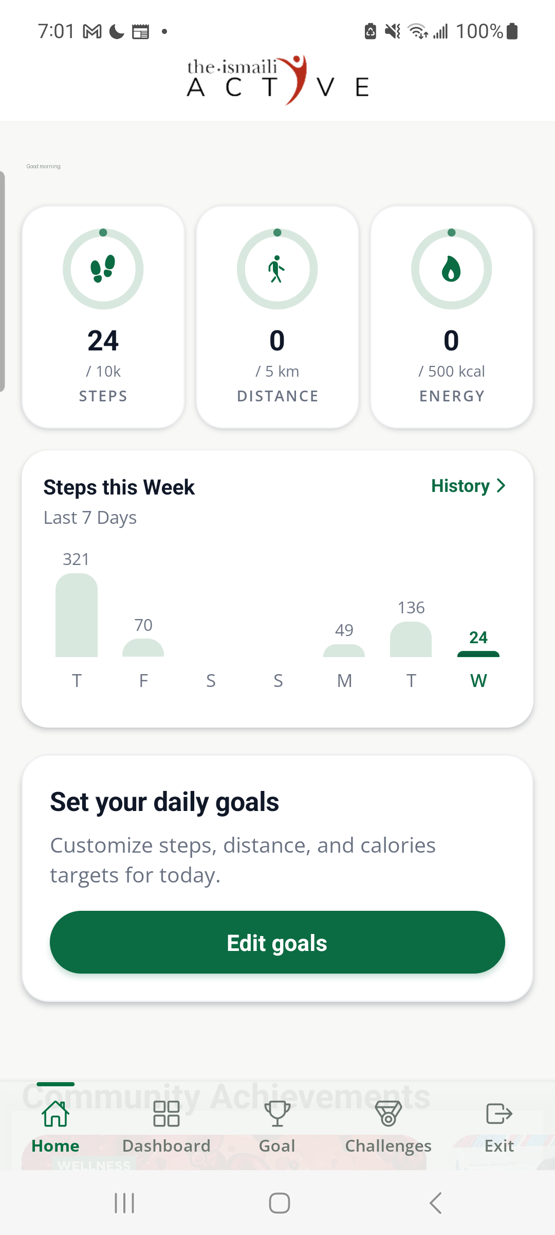 Active Living dashboard showing steps working while distance and energy read zero