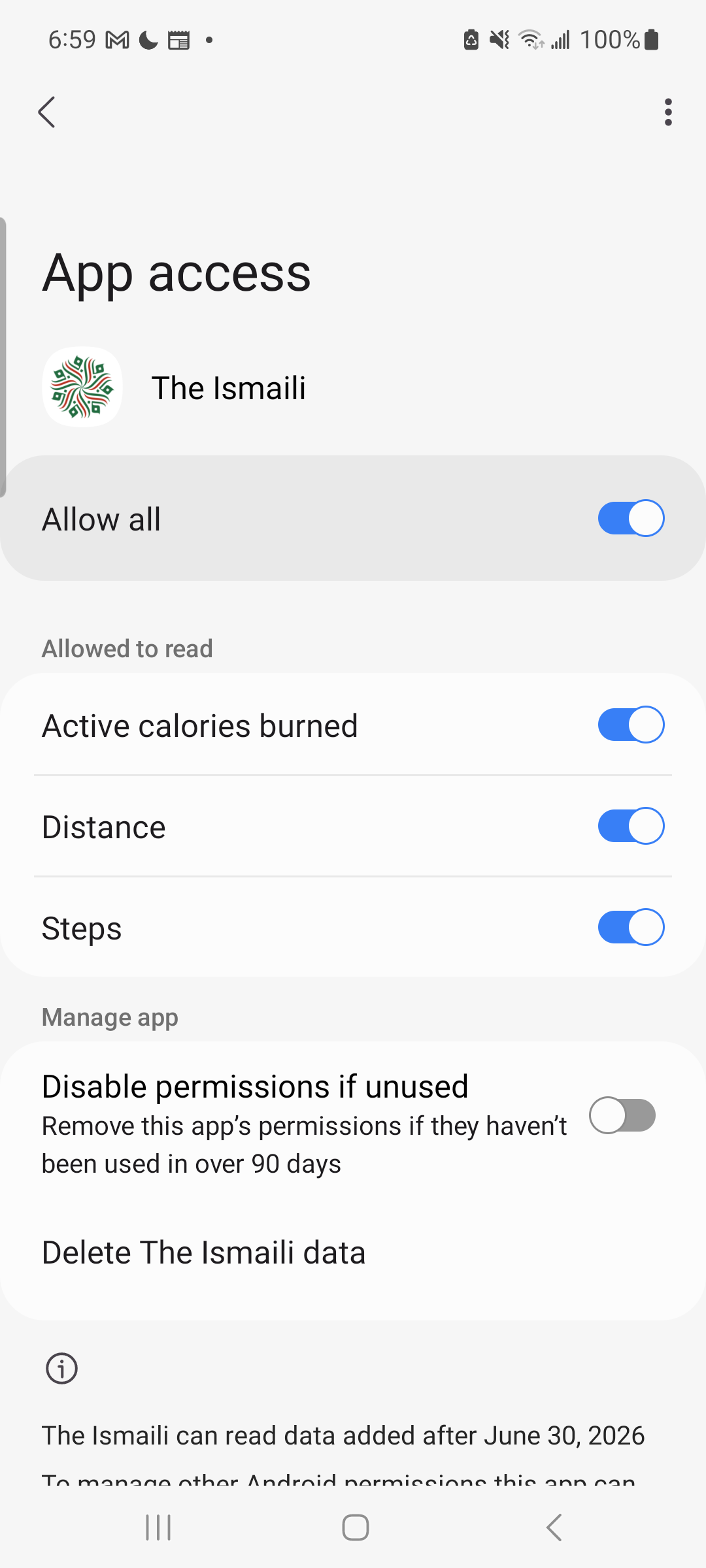 Health Connect app access screen for The Ismaili, showing the read cut-off date at the bottom