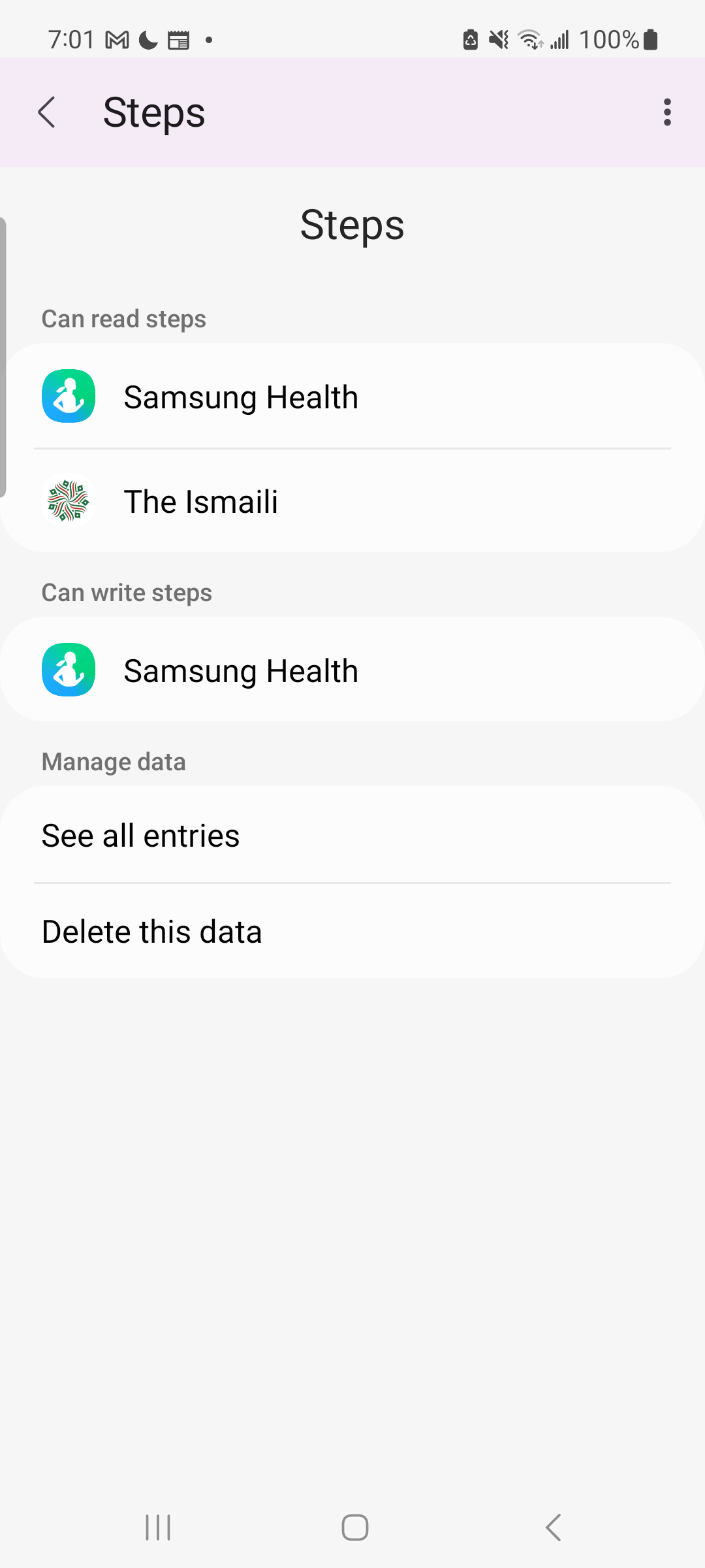 Health Connect Steps screen listing which apps can read and write steps