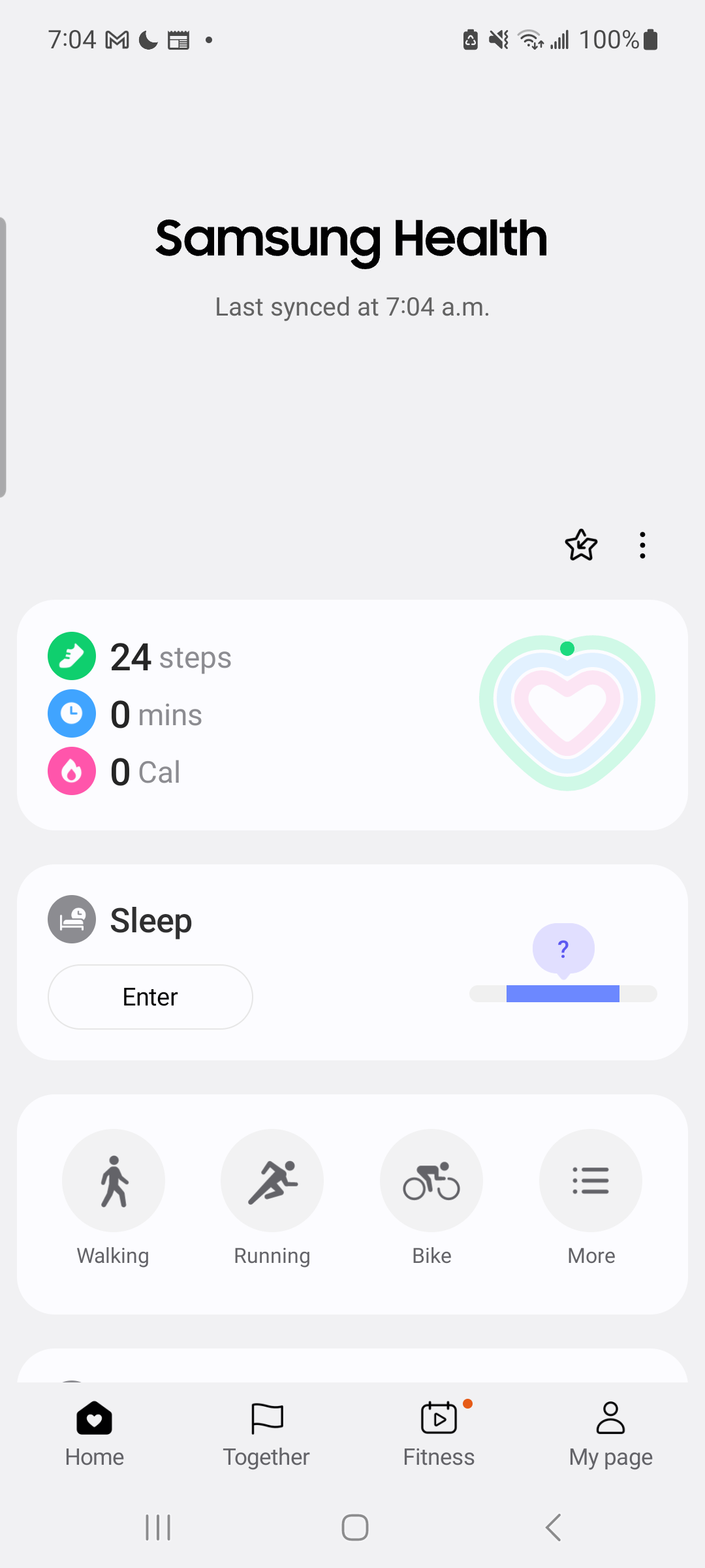 Samsung Health home screen showing today's step count